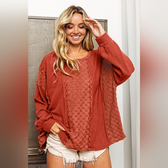 BiBi Designer Rust Checkered Spliced Long Sleeve Top - Picture 5 of 6